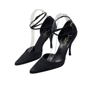 Gucci Black Satin Strappy Pointed Dress Up Evening Heels Stiletto Size 9B